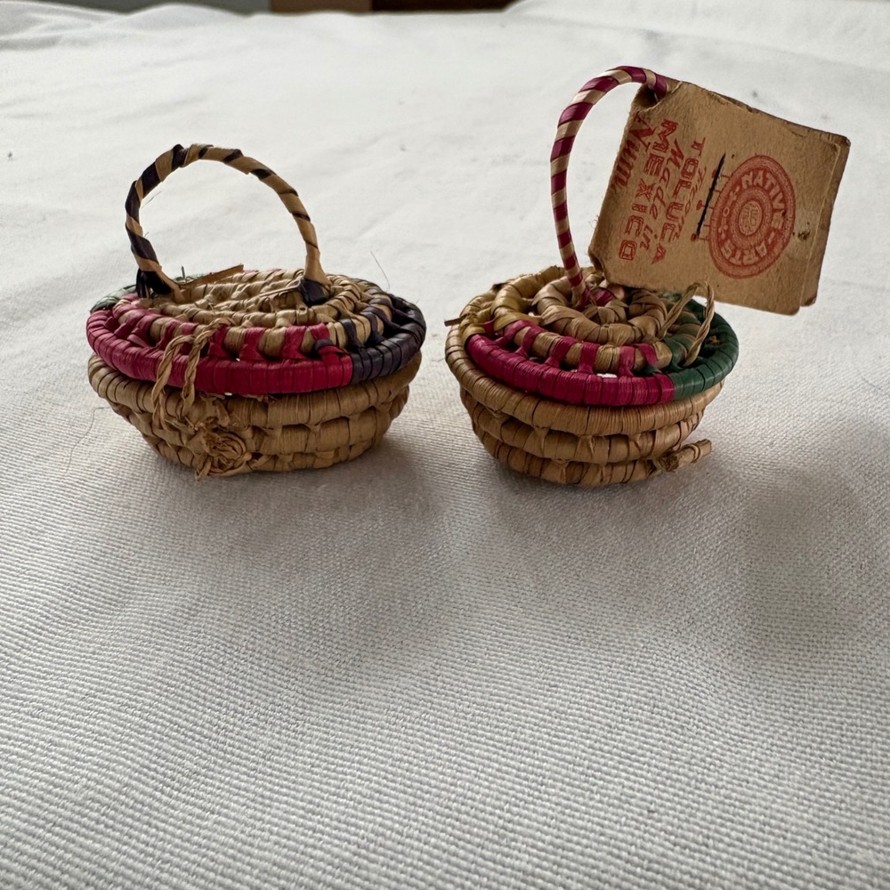Vintage Native‎ Arts Toluca Mexico Miniature Woven Baskets Set of 2 Coiled Straw